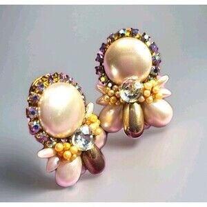 Vintage US Katrina Clip On Resin Rhinestones Pearls Funky Chunky Earrings OOAK